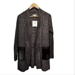 89th & Madison Knit Walnut Brown Long Cardigan Sweater Open Front Zip Pockets S